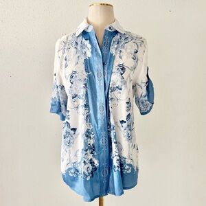 RACHEL ZOE Floral Satin Short Sleeve Loose Fit Button Down Shirt Women's Small S